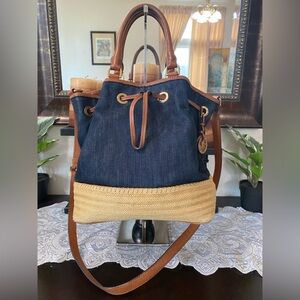 Michael Kors Marina Raffia/Leather/Denim Med/Large Drawstring Bag, Blue/Brn